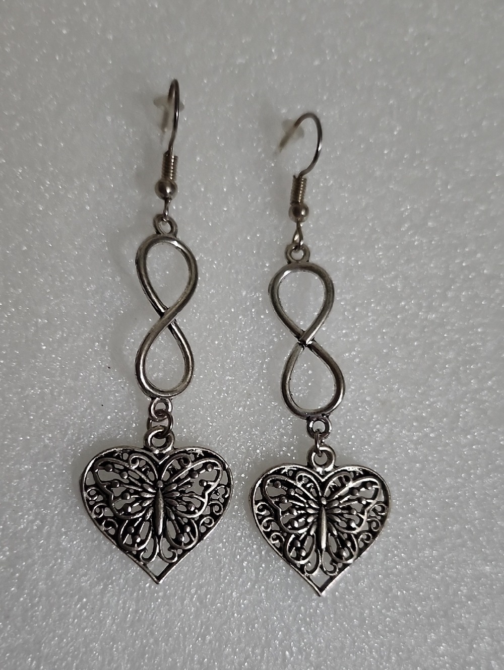 Hand Crafted Silver-Tone Infinity Heart Butterfly Drop Earrings